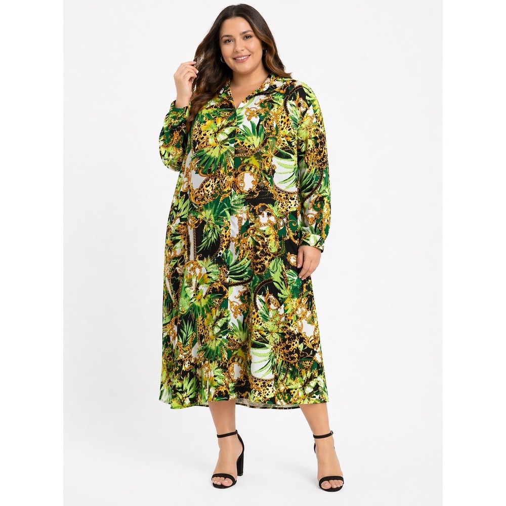 Wishing Waves Womens XL‎ Tropical Jungle Print Shirt Dress Green Gold Button